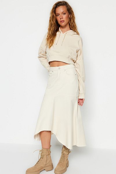 Trendyol Collection Ecru Asymmetrical High Waist Midi Denim Skirt TWOAW24ET00055