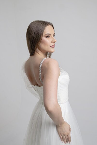 SpringStore Ekru Tek Omuz Tüllü Abiye Elbise