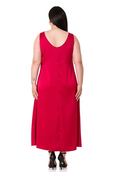 DISENTIS MODEST Plus Size U-Neck Satin Red Long Dress
