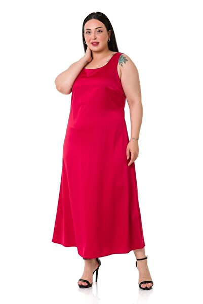 DISENTIS MODEST Plus Size U-Neck Satin Red Long Dress