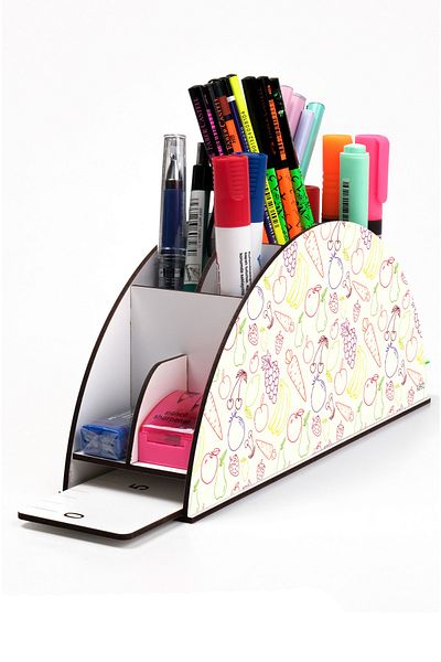 kutuTR Wooden VIP Fruit Series Rainbow Ruled Desktop Pen Holder Organizer with Assembled Box