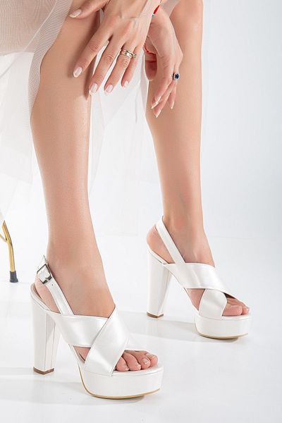LİLLA women's high platform heel cross strap pearl color wedding shoes