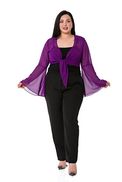 DISENTIS MODEST Plus Size Spanish Sleeve Tied Front Chiffon Purple Bolero
