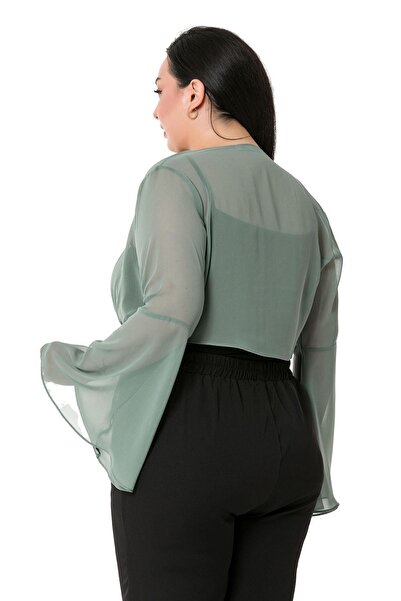 DISENTIS MODEST Plus Size Spanish Sleeve Tied Front Chiffon Water Green Bolero