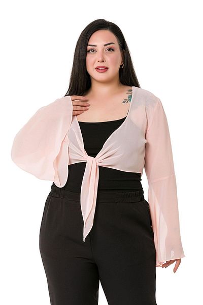 DISENTIS MODEST Plus Size Spanish Sleeve Front Tie Chiffon Powder Bolero