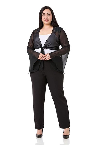 DISENTIS MODEST Plus Size Spanish Sleeve Tied Front Chiffon Black Bolero