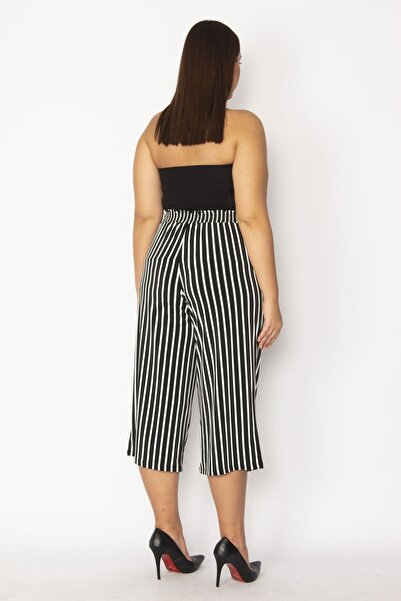 Şans Tekstil Women's Black Wide Leg Striped Capri with Elastic Back Waist Pocket and Lace Detail 26a29219