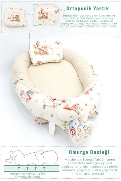 mordesign Babynest Orthopedic Baby Bed, Mother's Side Baby Bed, Ergonomic Design, Animal Series