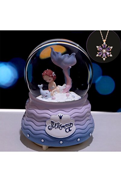 keyfim shop Deniz Kızı Orta Boy Işıklı Müzikli Kar Küresi Ve Lotus Çiçeği Kolye