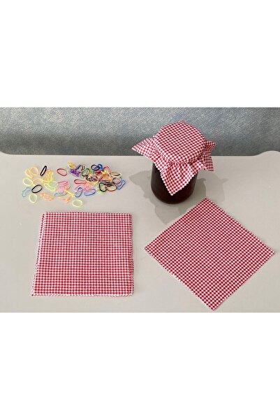 AdaEsintisi 25 Pieces Gingham Red Jar Lid Fabric (Cover) and Colored Binding Rubber