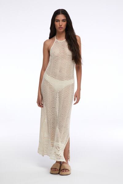 By Mare Style DIOR-Organik Pamuk Güpür Detaylı Naturel Renk Plaj Elbisesi