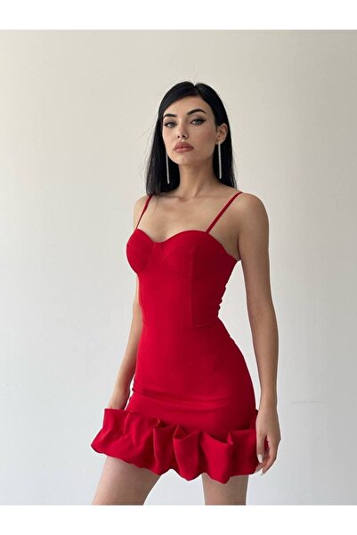 Afiş Butik Kırmızı Askılı Etek Ucu Detaylı Elbise