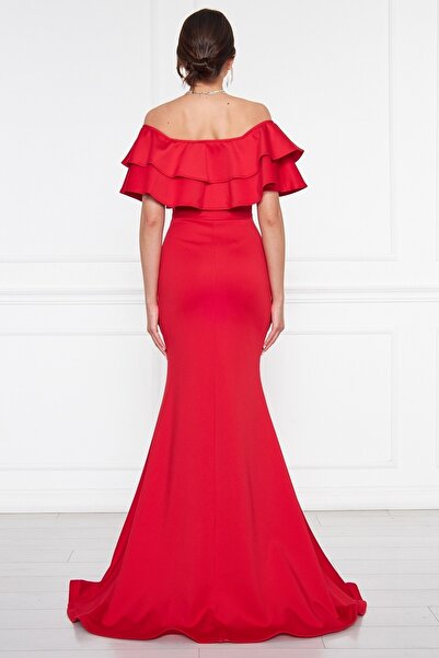 bayansepeti Flexible Scuba Fabric Low Shoulder Slit Detailed Fish Cut Maxi Length Red Evening Dress 164