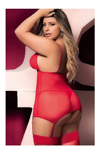 tuba yozgatlıoğlu Red Plus Size Fancy Garter Set 3-Piece Nightgown Stockings with Garter and Thong.