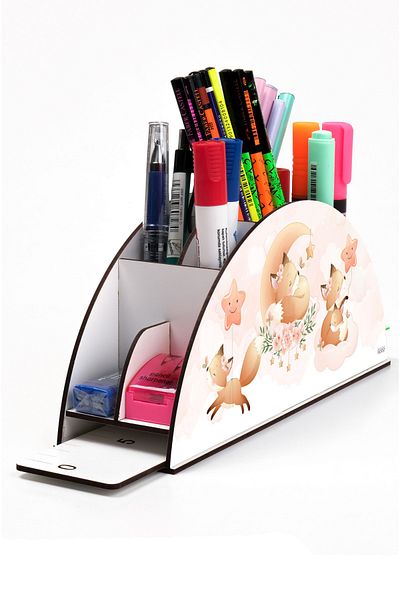 kutuTR Wooden VIP Vivies Desktop Pen Holder Organizer with Rainbow Ruler Assembled Box