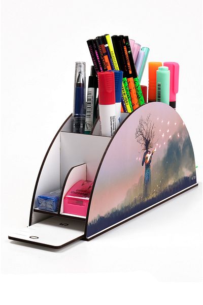 kutuTR Wooden VIP Aİ Model Series Desktop Pen Holder Organizer with Rainbow Ruler Assembled Box