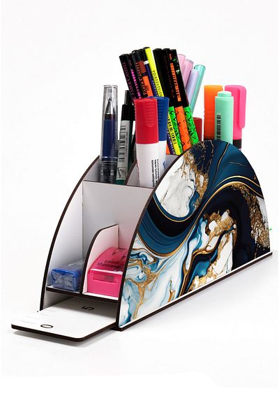 kutuTR Wooden VIP Pattern Series Desktop Pen Holder Organizer with Rainbow Ruler Assembled Box