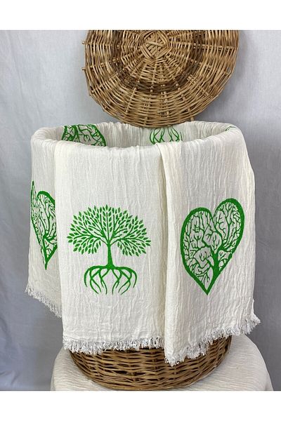 pamukidea Heart Tree Hand Εκτύπωση σανίδας Πράσινο μοτίβο δέντρου της ζωής Muslin Peshtemal Βαμβακερό Peshtemal με στάμπα