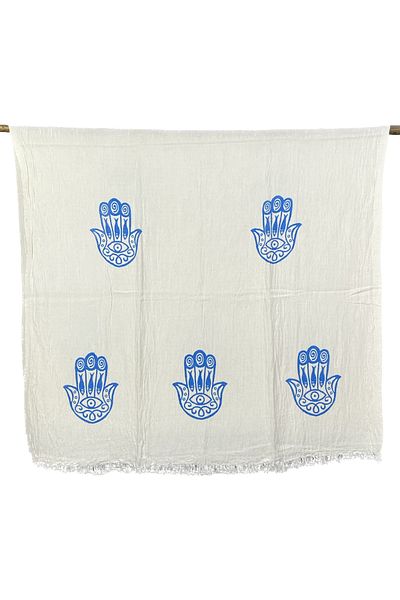 pamukidea Εκτύπωση χειρός σανίδας Blue Fatma - Virgin Mary Hand Muslin Peshtemal Χειροποίητη Buldan Cotton Peshtemal