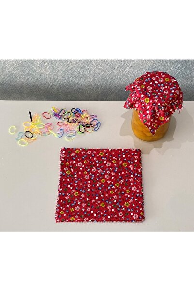 AdaEsintisi 50 Adet PÇiçekli Kırmızı Kavanoz Kapağı Kumaşı (Örtüsü) ve Renkli Bağlama Lastiği