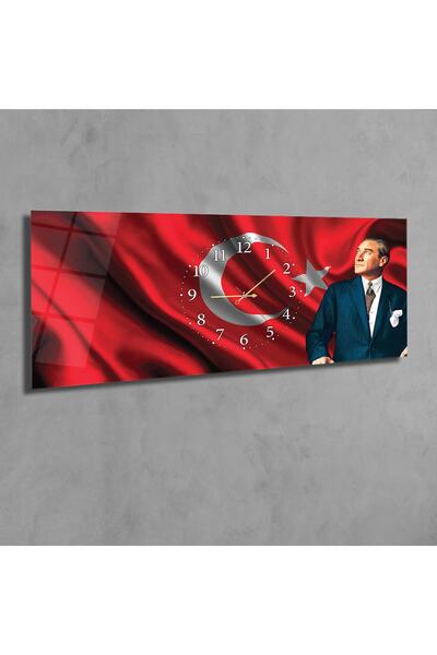 marpanya Mustafa Kemal Atatürk Ve Türk Bayrağı Yatay Ortadan Saatli Vatan Temalı Cam Tablo 092