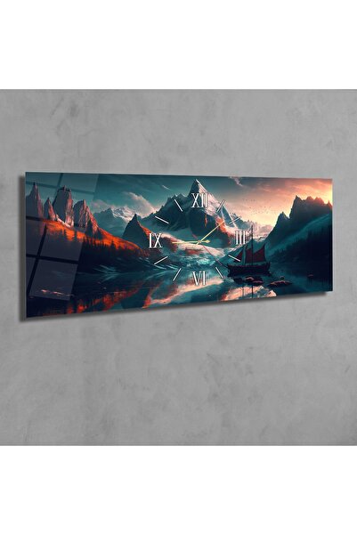 marpanya Dağ Ve Içinde Gemi Olan Göl Manzaralı Yatay Ortadan Saatli Sanat Ve Doğa Temalı Cam Tablo 106