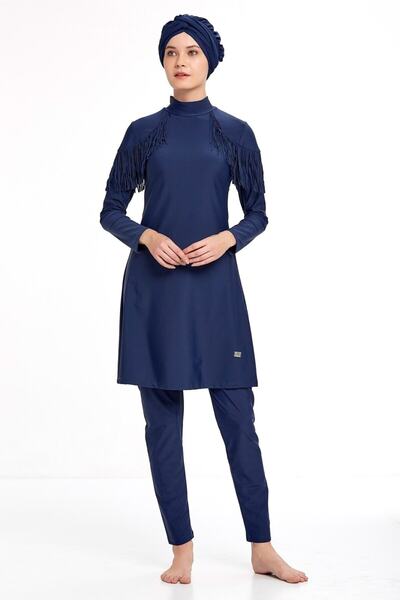 Adasea 4105 Темно-синій купальник з лікрами, з китицями на плечах, повністю закритий, для мусульманок