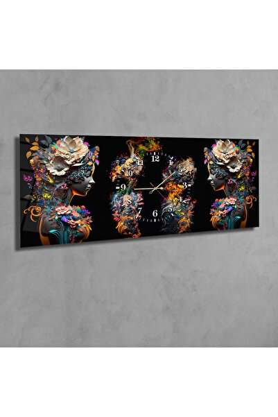 marpanya Çiçekle Donatılmış Kadın Modern Duvar Dekorasyonu Yatay Ortadan Saat...