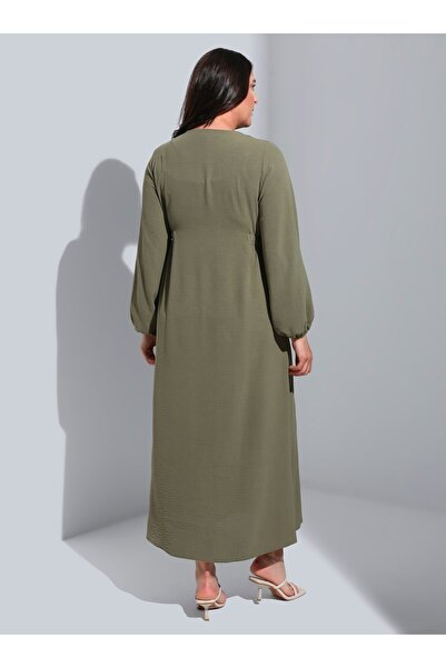 ALİA Plus Size Buttoned Dress with Elastic Waist - Winter Moss - Alia