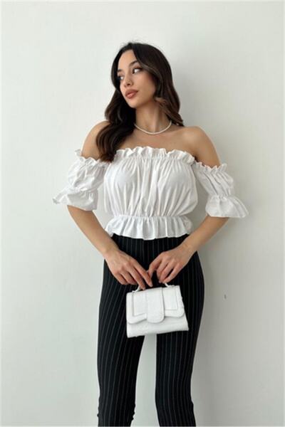 oshebu Bluză Madonna albă cu detaliu din cauciuc