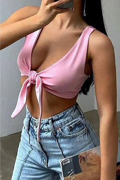 vuvutasarım Νέα σεζόν γυναικεία μπροστινή γραβάτα Crop μπλούζα 11505