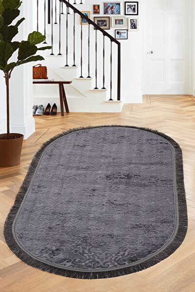 AVANTAJ Saltanat Antrasit Leke Tutmaz Yıkanabilir Kaymaz Saçaklı Oval Püsküll...