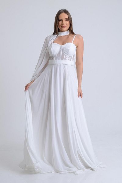 SpringStore Rochie de seara cu bretele din frânghie cu talie ecru