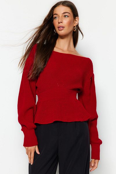 Trendyol Collection Roter Strickpullover mit Ballonärmeln und Schwungrad - TWOAW24KZ00634