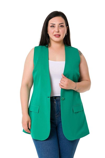 DISENTIS MODEST Large Size Single Button Green Lined Vest with Ornamental Pocket Cover