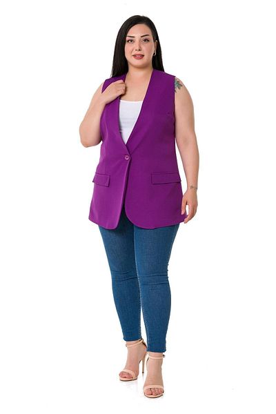 DISENTIS MODEST Plus Size Single Button Ornamental Pocket Cover Purple Lined Vest