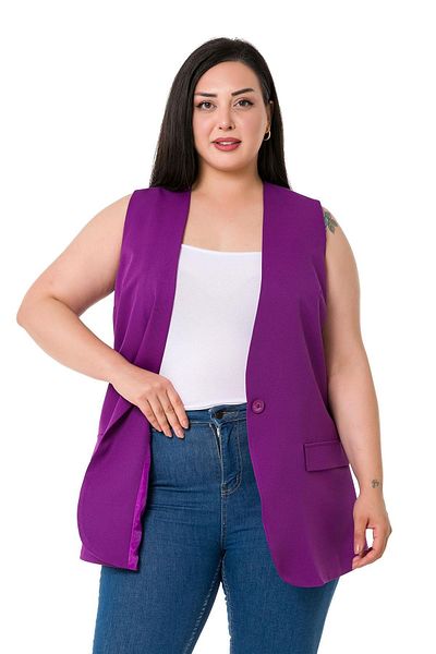 DISENTIS MODEST Plus Size Single Button Ornamental Pocket Cover Purple Lined Vest