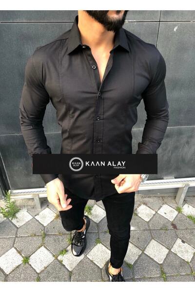 Kaan Alay Fashion Slim Fit Full Likralı Siyah Gömlek