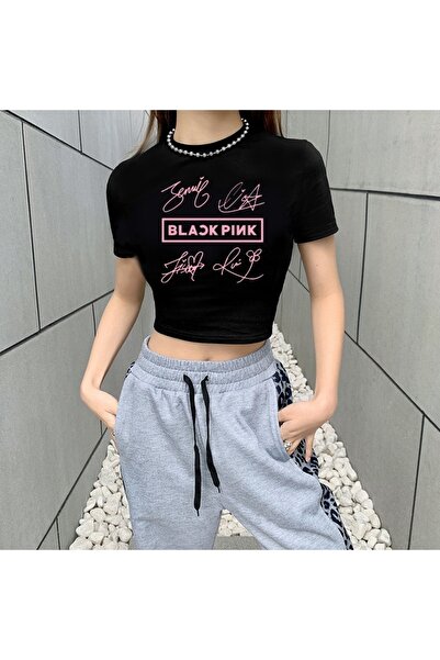 MECH BUTİK Blackpink Signature Printed Black Crop