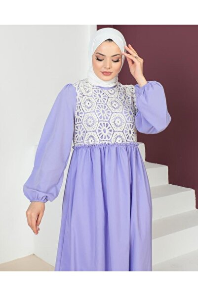 benguen 449 Lace Detailed Hijab Dress Lilac