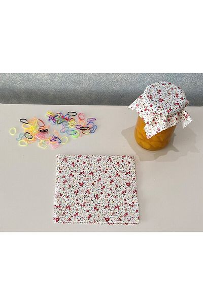 AdaEsintisi 25 Pieces Floral White Jar Lid Fabric (Cover) and Colored Binding Rubber