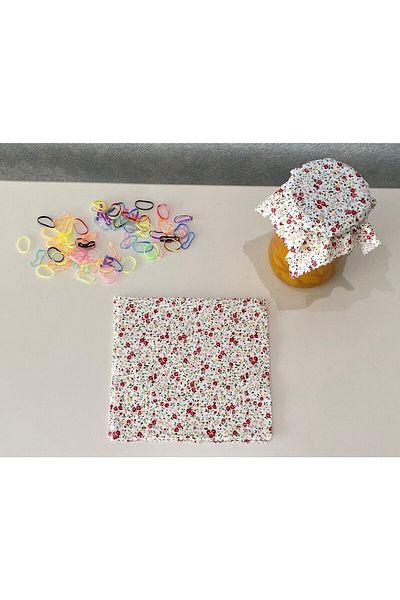 AdaEsintisi 25 Pieces Floral White Jar Lid Fabric (Cover) and Colored Binding Rubber