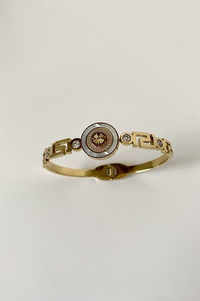 SilverStone Modern Pattern Pearlescent Logo Zircon Stone Steel Cuffed Bracelet