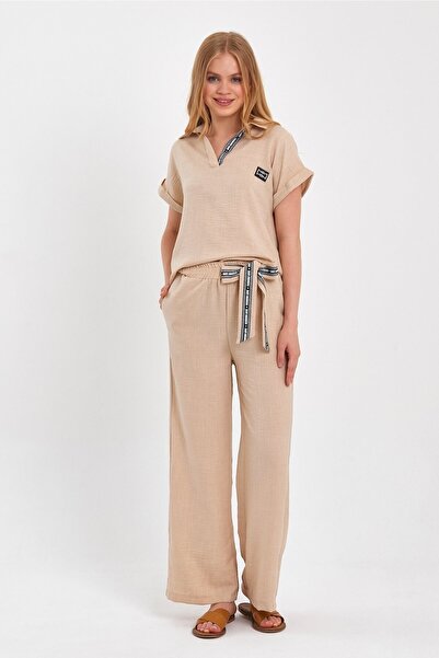 Moda Gerçek Taş Rengi Kadın Alt Üst Pantolon Takım-42