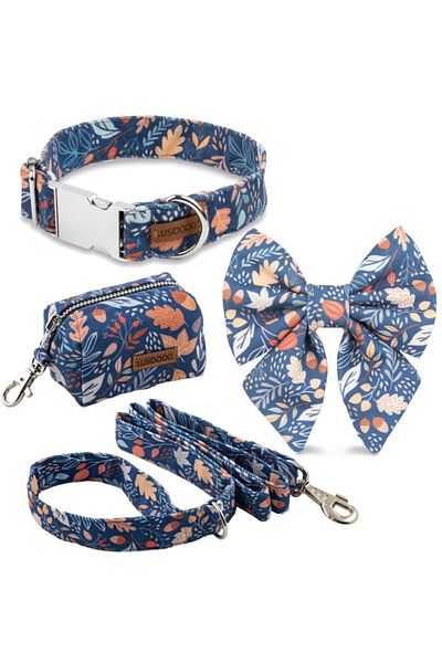 Lusi Doog Navy Blue Collar Poop Bag Bag Female Dog Bow Tie and Leash Set Floral Pattern