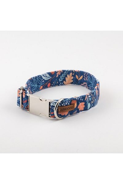 Lusi Doog Navy Blue Collar Poop Bag Bag Female Dog Bow Tie and Leash Set Floral Pattern