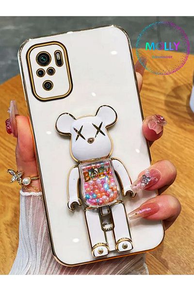 Molly Technology جراب سيليكون فاخر لهاتف Xiaomi Redmi Note 10s مع حامل Bearbrick أبيض لؤلؤي وحواف ذهبية مفصلة