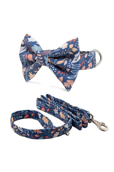 Lusi Doog Navy Blue Bow Tie Dog Collar and Leash Set Floral Pattern