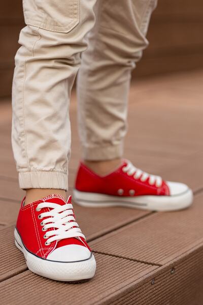BOUIS Çocuk Kırmızı Keten Bağcıklı Günlük Rahat Esnek Ortopedik Düz Taban Bez Ayakkabı Sneaker