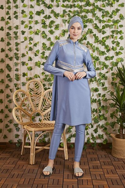 Moodbasic Sw36.232 ملابس سباحة حجاب مخططة بنصف سحاب - أزرق